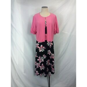 Perceptions NY Dress Bolero Set L Pink Floral Black Formal Office Church Wear